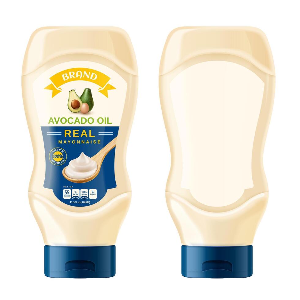Set of mayonnaise bottles isolated on white background, one with label design and one without, 3d illustration vector