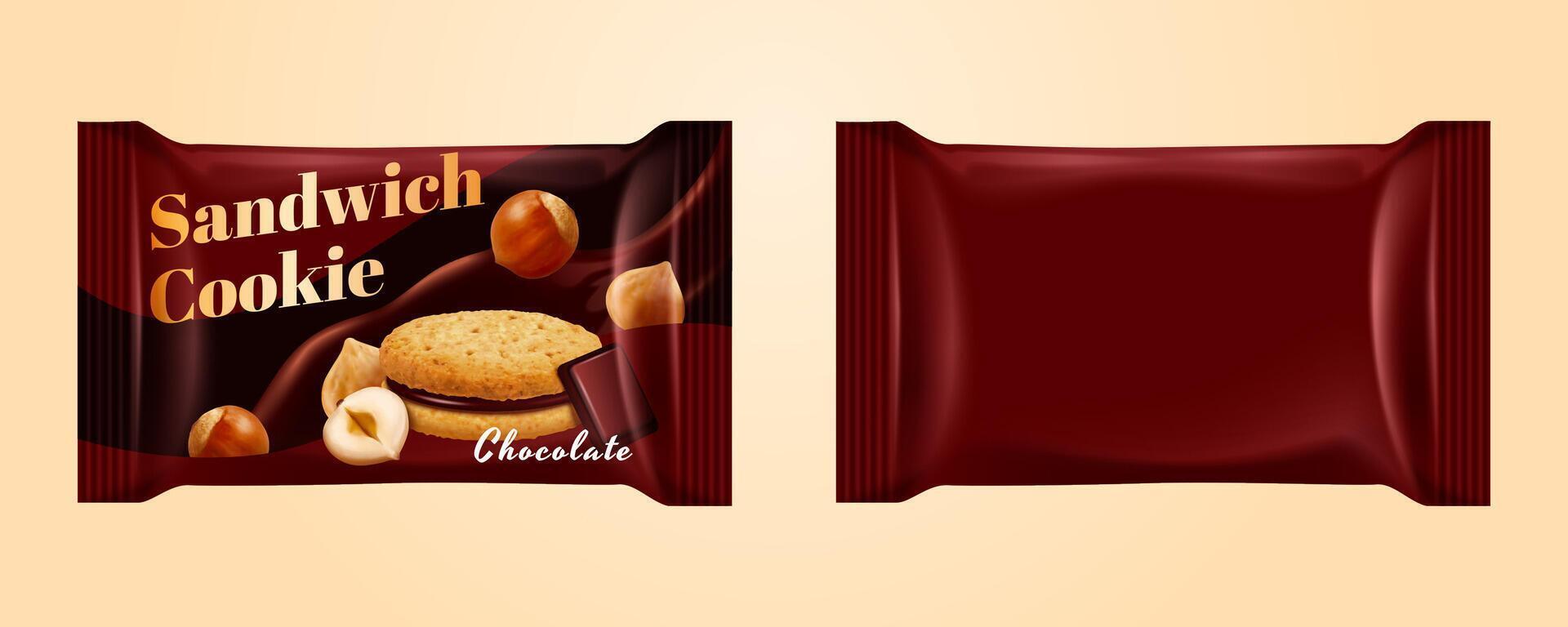 Package bags for chocolate filled sandwich cookies isolated on yellow background, 3d illustration vector