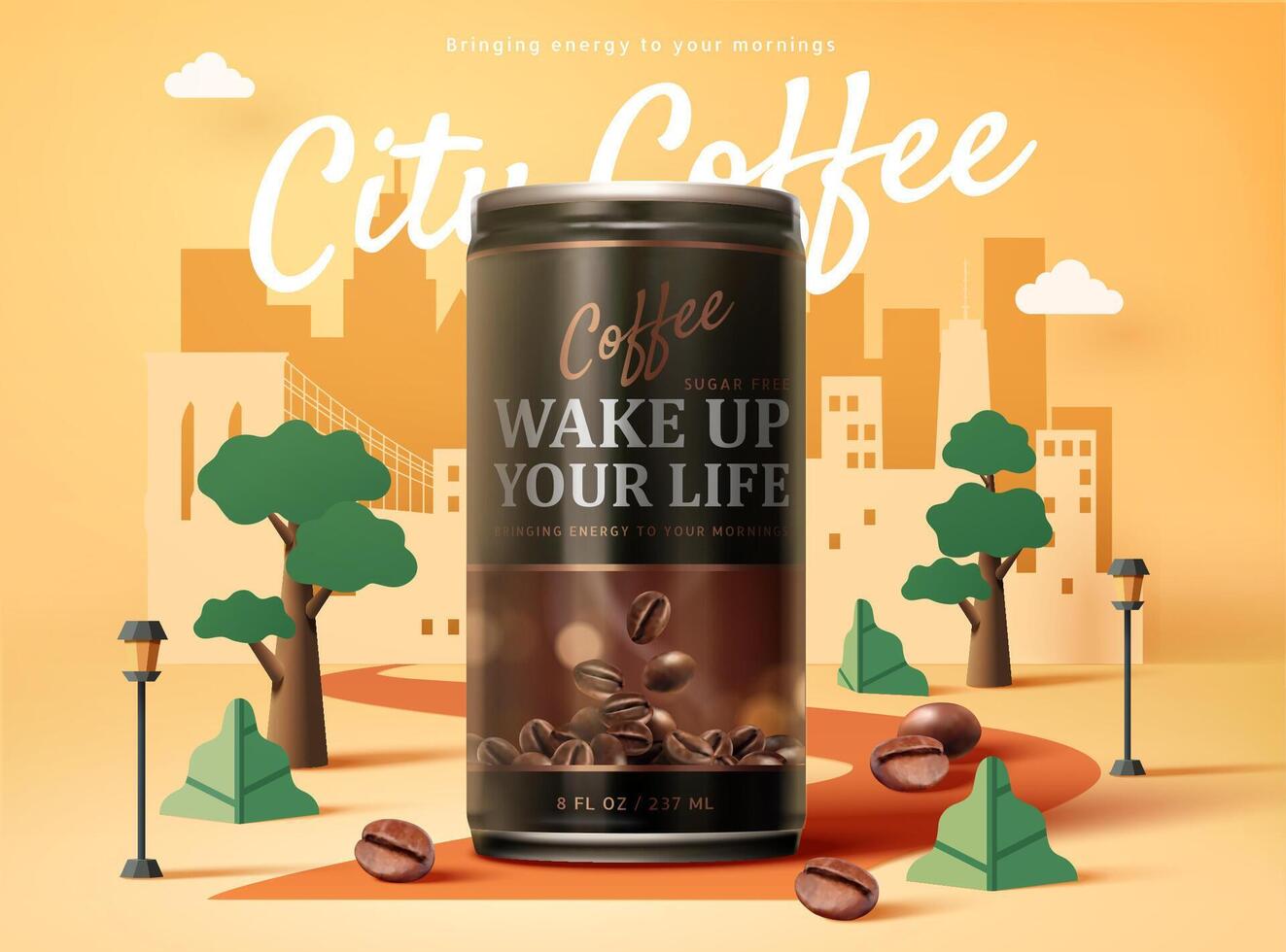 Sugar free black coffee ad design in 3d illustration over an urban city paper art design background vector