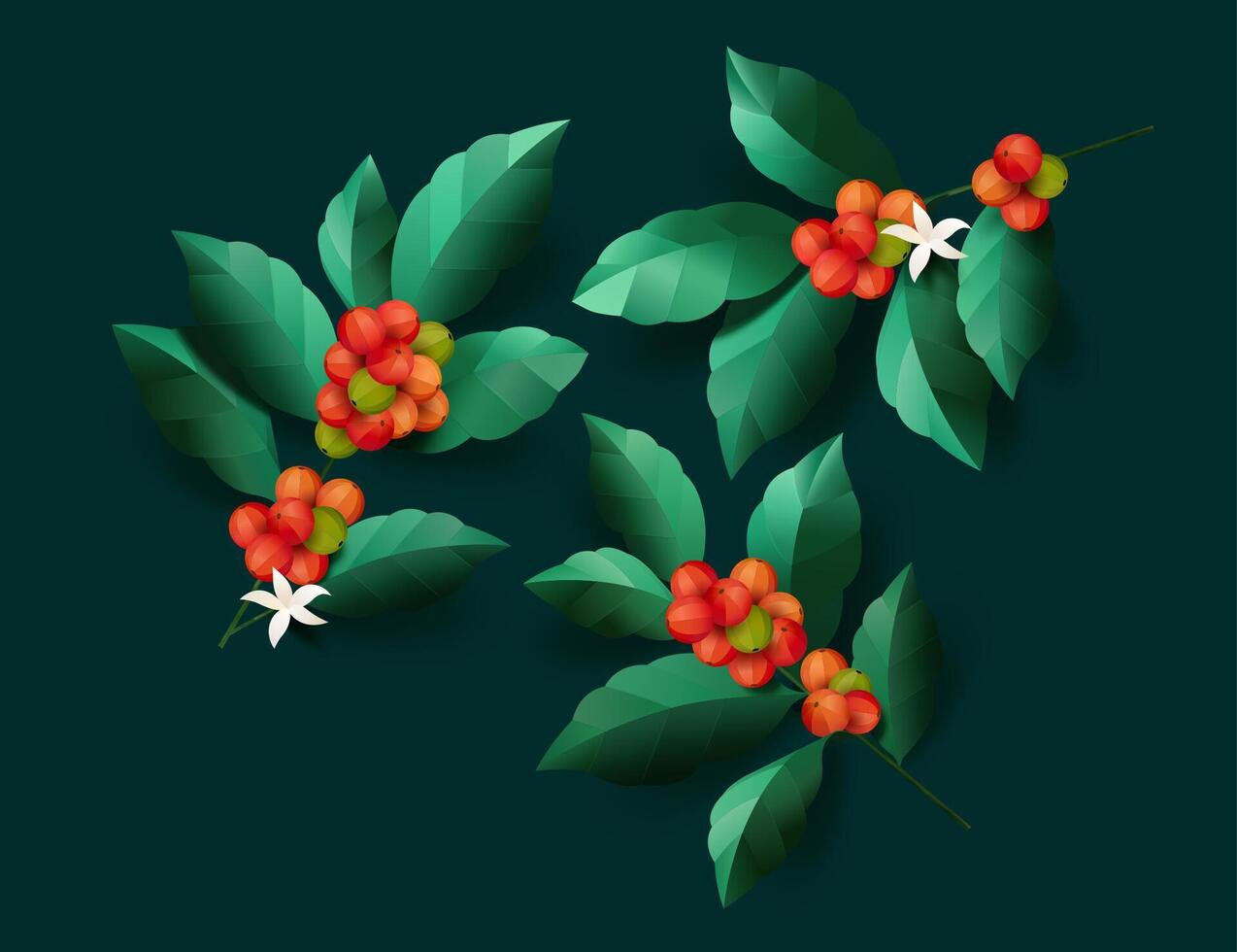 Red and green bean coffee fruit with leaves in paper art vector