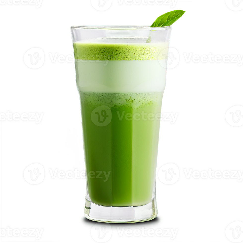 Matcha latte in a clear glass featuring a vibrant green hue and a delicate layer png