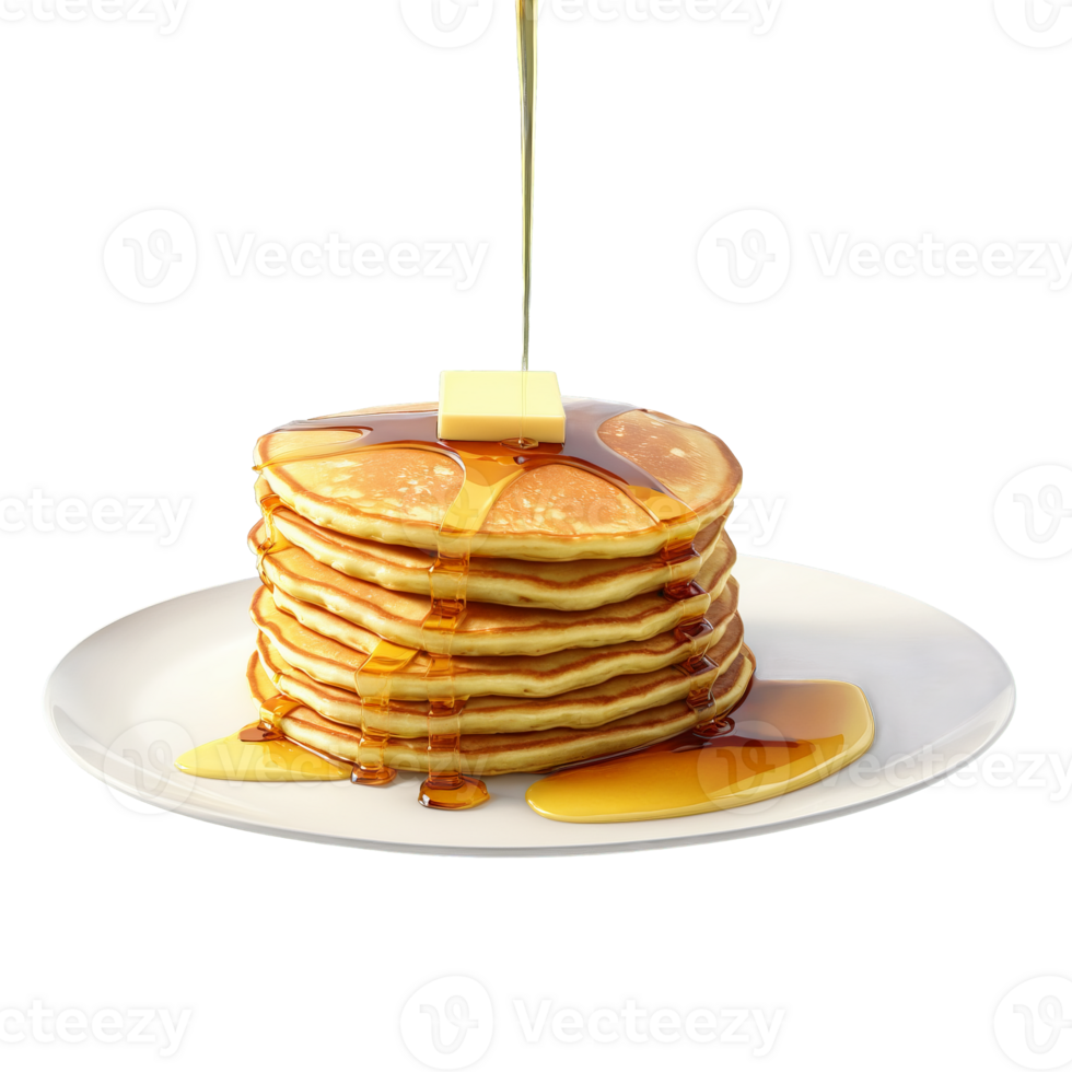 Pancakes stack in glass dish maple syrup pouring butter melting Food and Culinary concept png