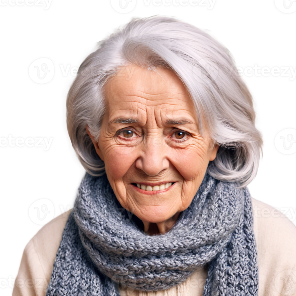 Elderly woman with silver hair and a knitted scarf plain face squinting eyes grimacing mouth. Essence of diverse femininity. png