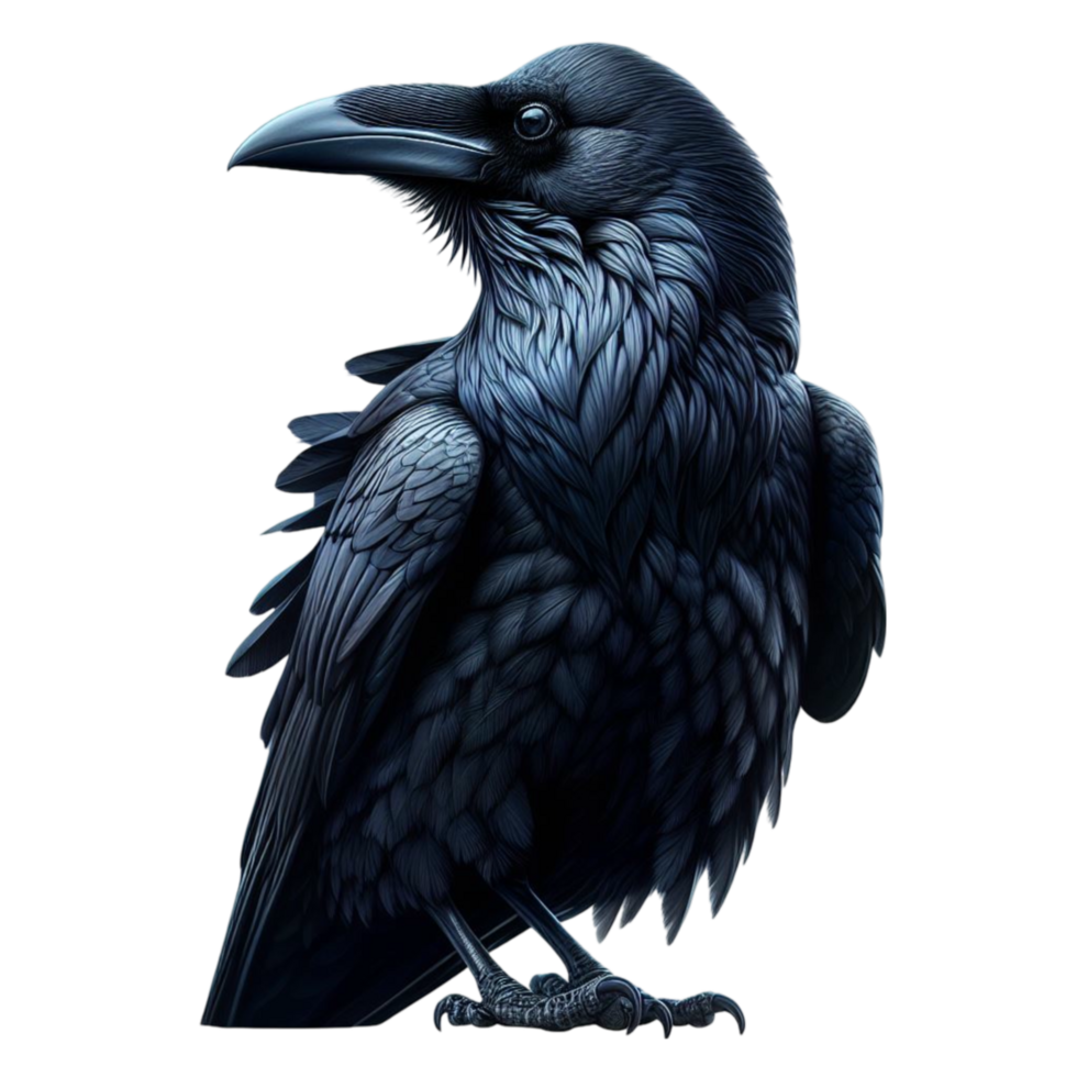 Black crow with a long beak and long wings isolated with transparent Background png