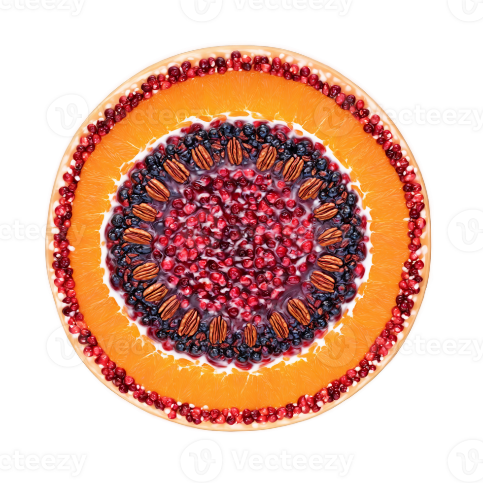 Fruit relish mandala a circular design of cranberries oranges and pecans with sugar dissolving png
