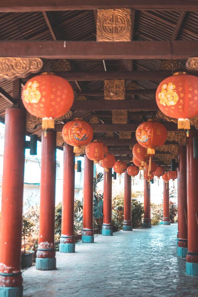 Nighttime Glow, Chinese Lanterns Illuminate Temple. photo