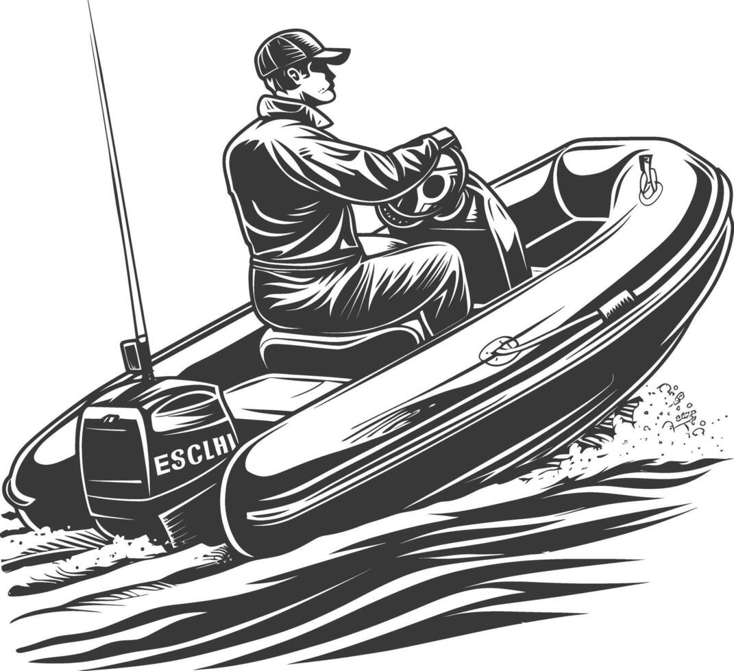 a man driving inflatable boat the boat is traveling with engraving style vector