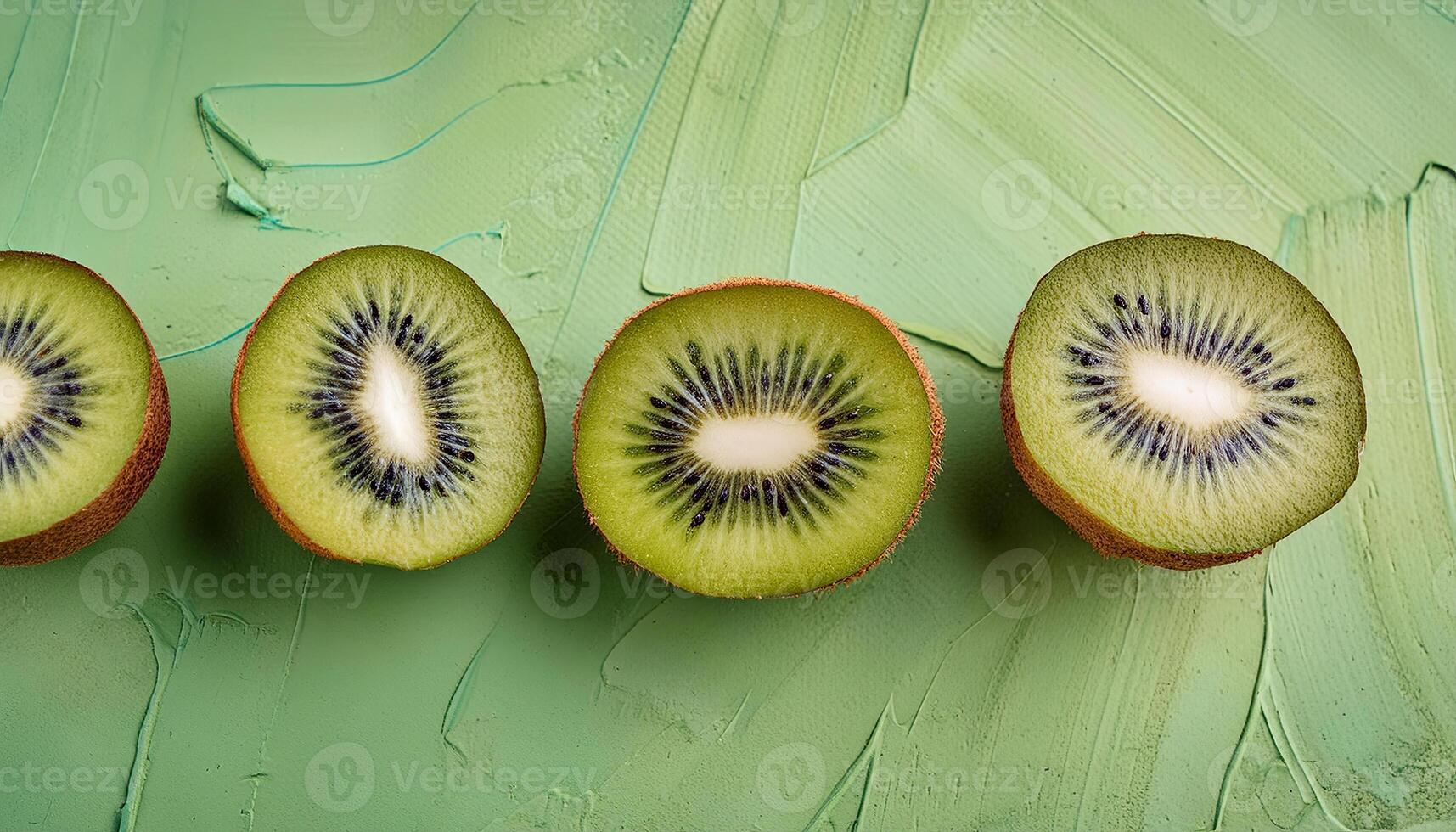 Kiwi pattern on pastel background, top view. Flat lay with fresh green kiwi slices. Minimal summer concept photo