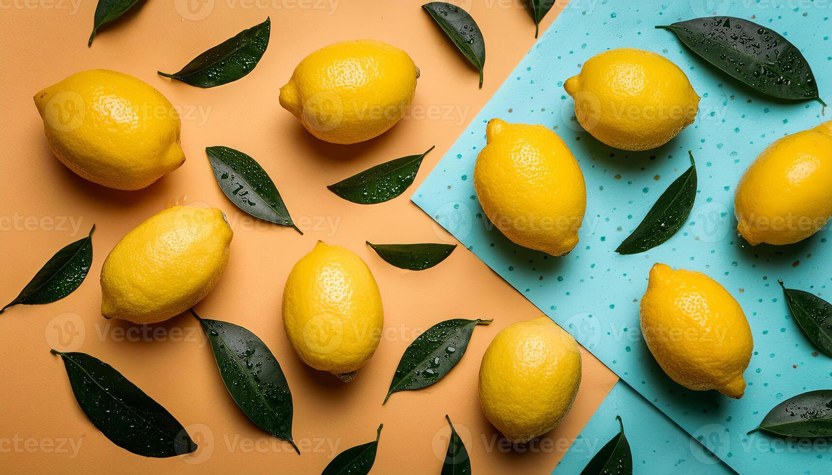 Lemon pattern on pastel background, top view. Flat lay with fresh yellow lemon slices. Minimal summer concept photo