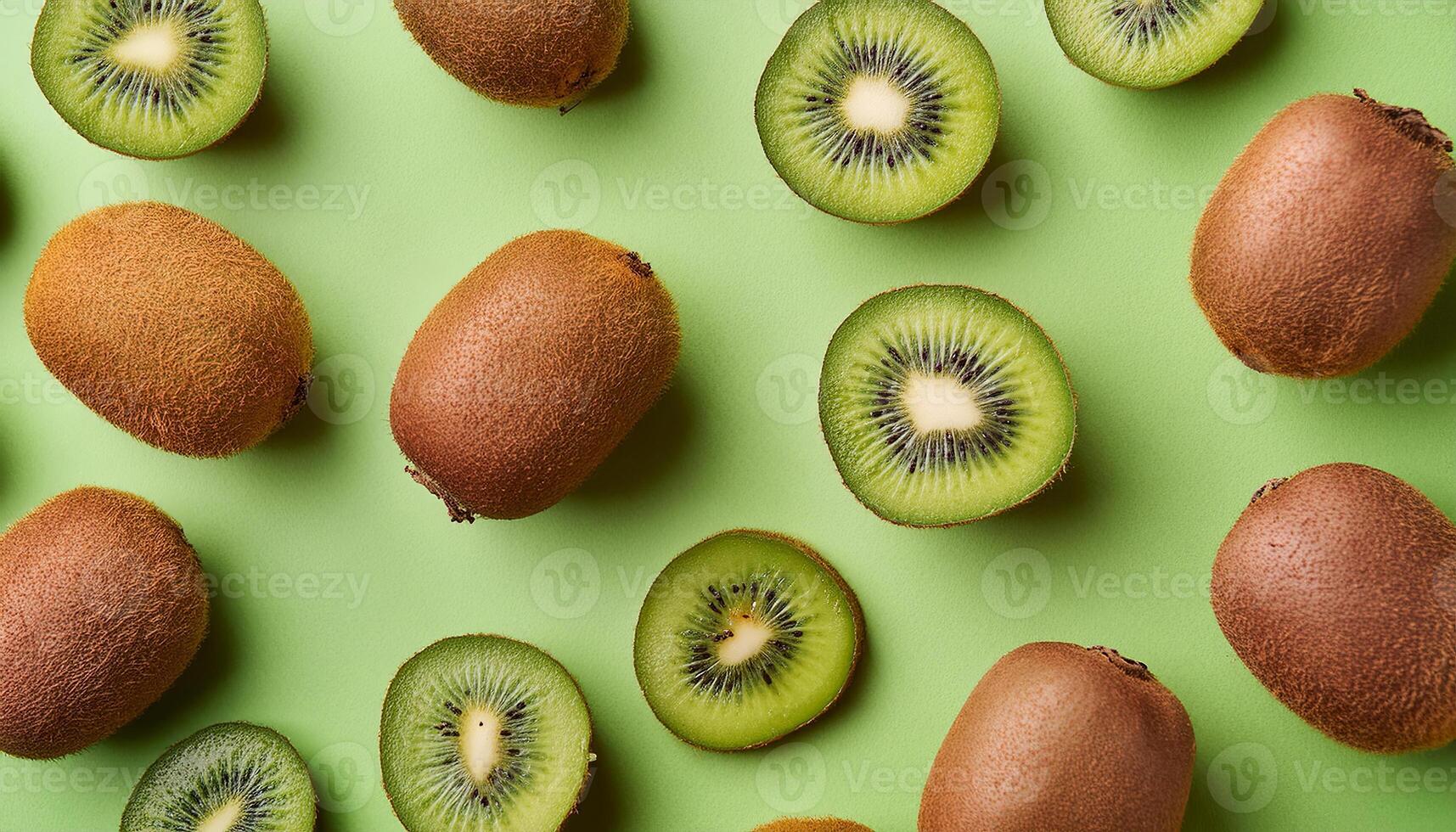 Kiwi pattern on pastel background, top view. Flat lay with fresh green kiwi slices. Minimal summer concept photo