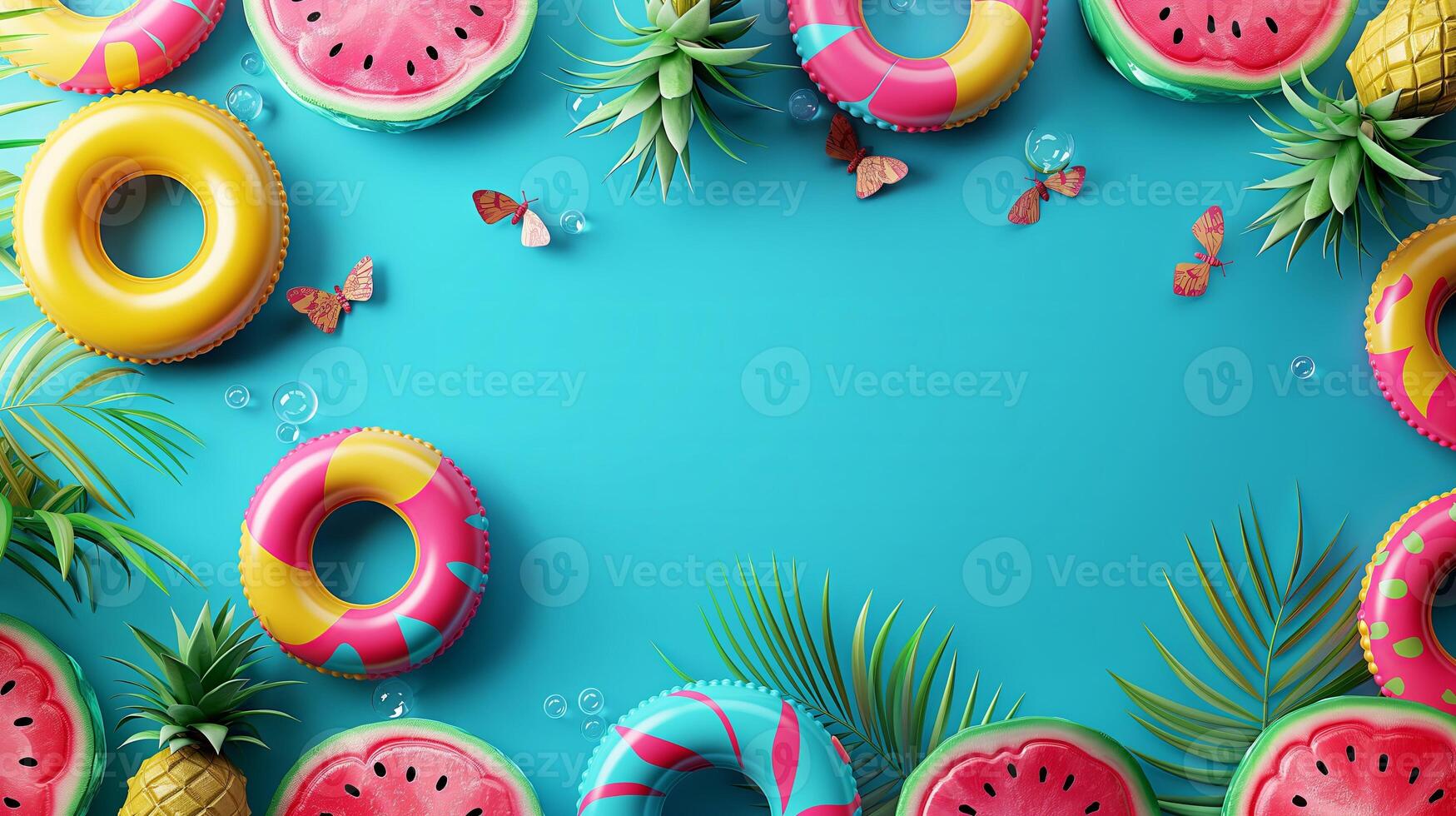 Top view of summer background with inflatable swimming rings, watermelon and pineapple on blue color. Summer vacation holiday concept photo