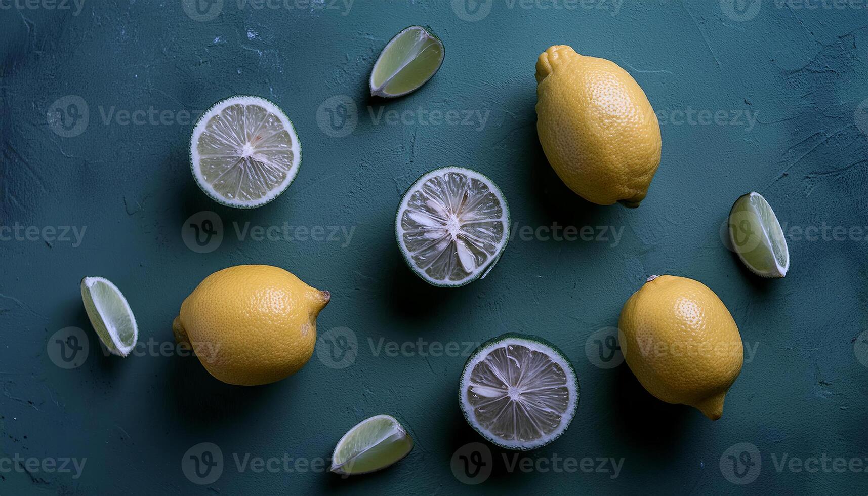 Lemon pattern on pastel background, top view. Flat lay with fresh yellow lemon slices. Minimal summer concept photo
