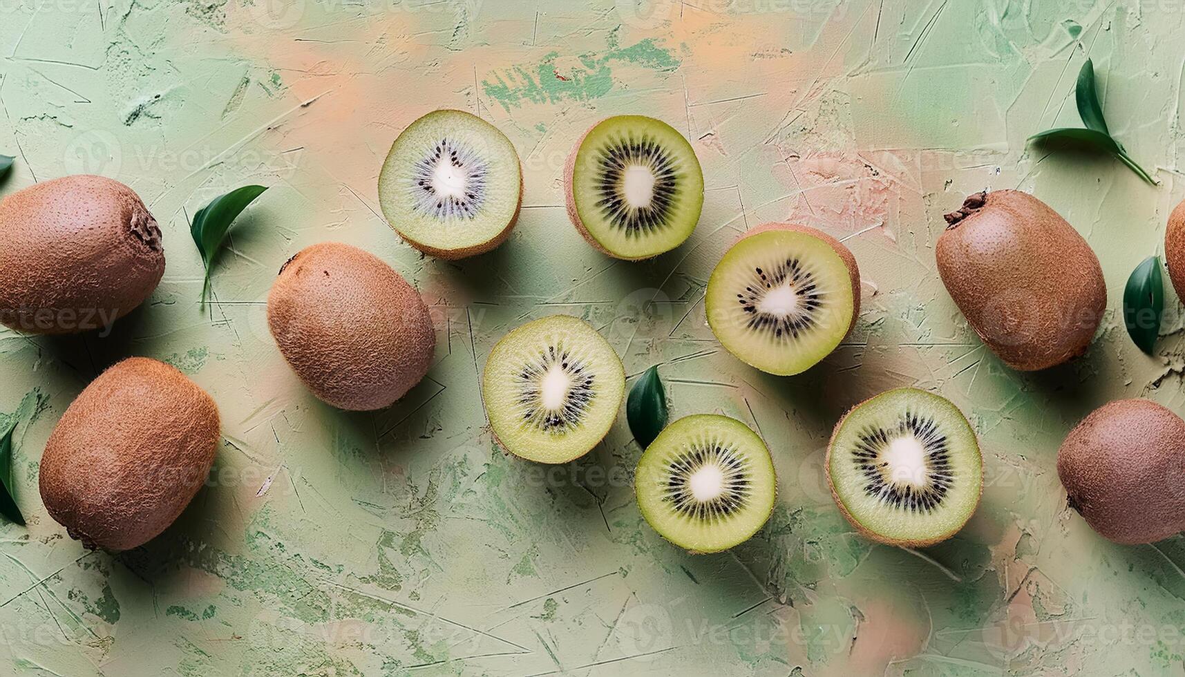Kiwi pattern on pastel background, top view. Flat lay with fresh green kiwi slices. Minimal summer concept photo