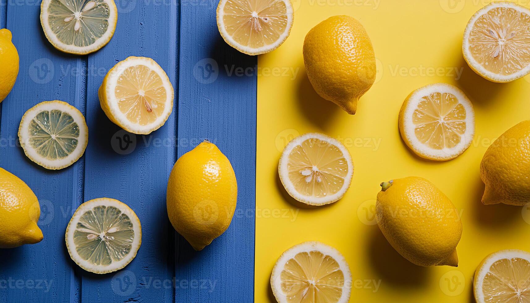 Lemon pattern on pastel background, top view. Flat lay with fresh yellow lemon slices. Minimal summer concept photo