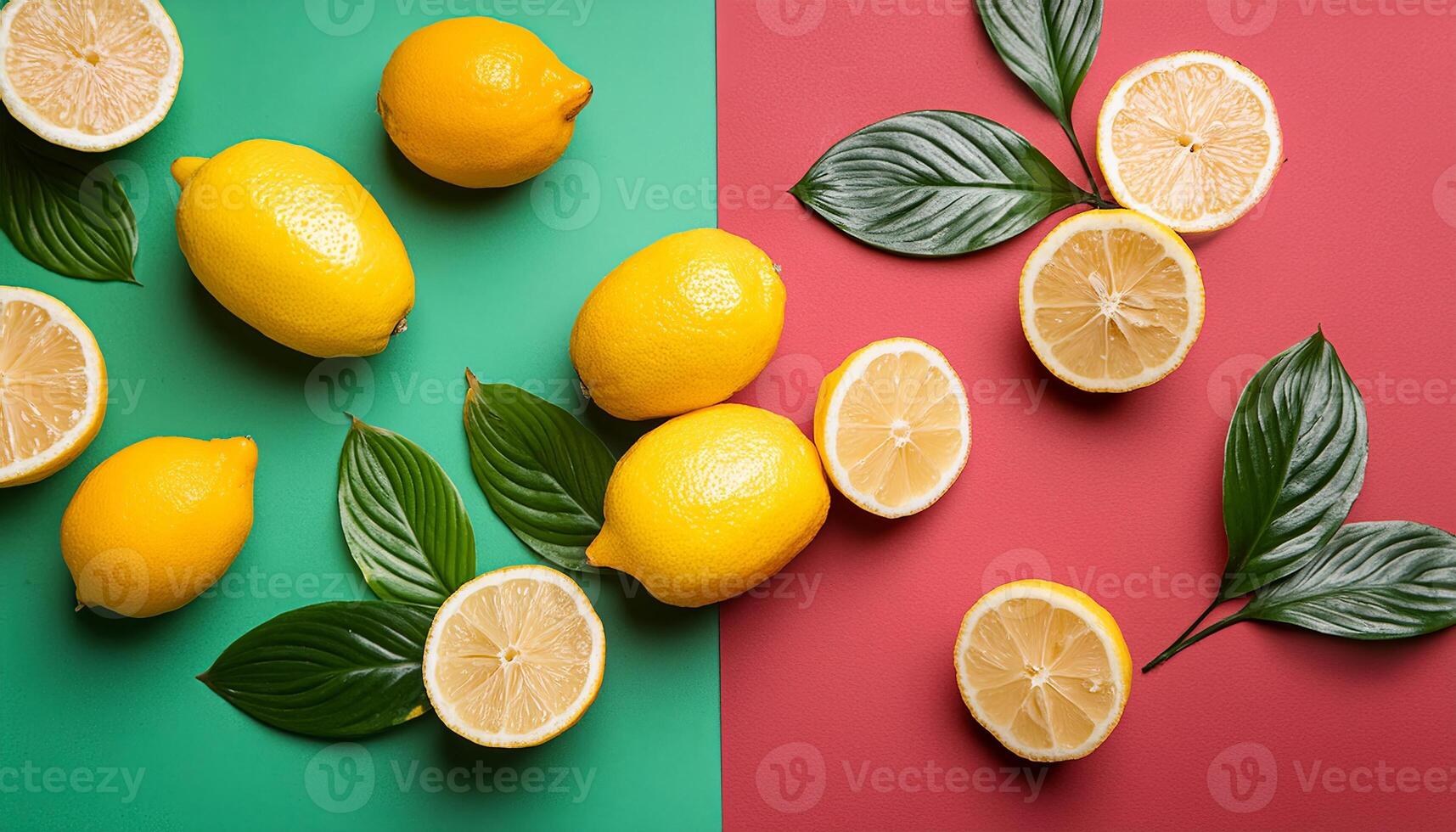 Lemon pattern on pastel background, top view. Flat lay with fresh yellow lemon slices. Minimal summer concept photo