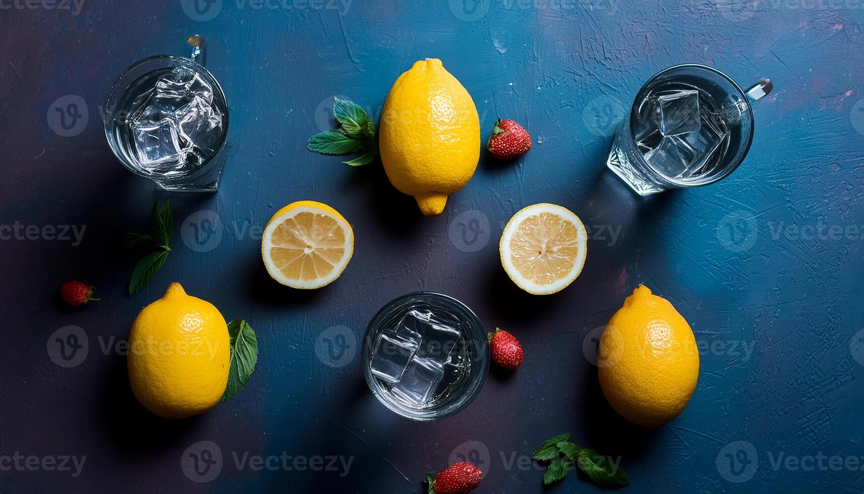 Lemon pattern on pastel background, top view. Flat lay with fresh yellow lemon slices. Minimal summer concept photo