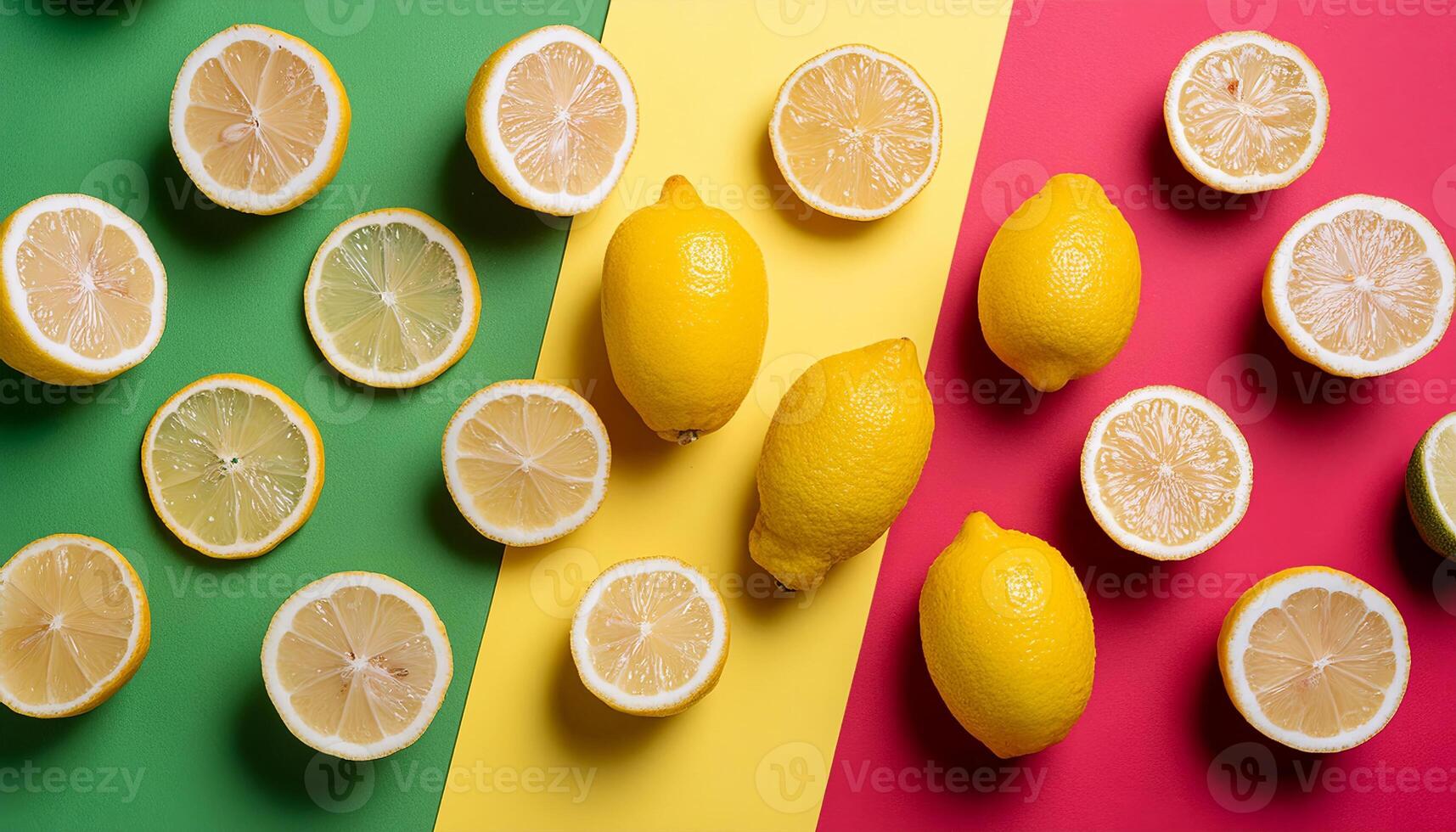 Lemon pattern on pastel background, top view. Flat lay with fresh yellow lemon slices. Minimal summer concept photo