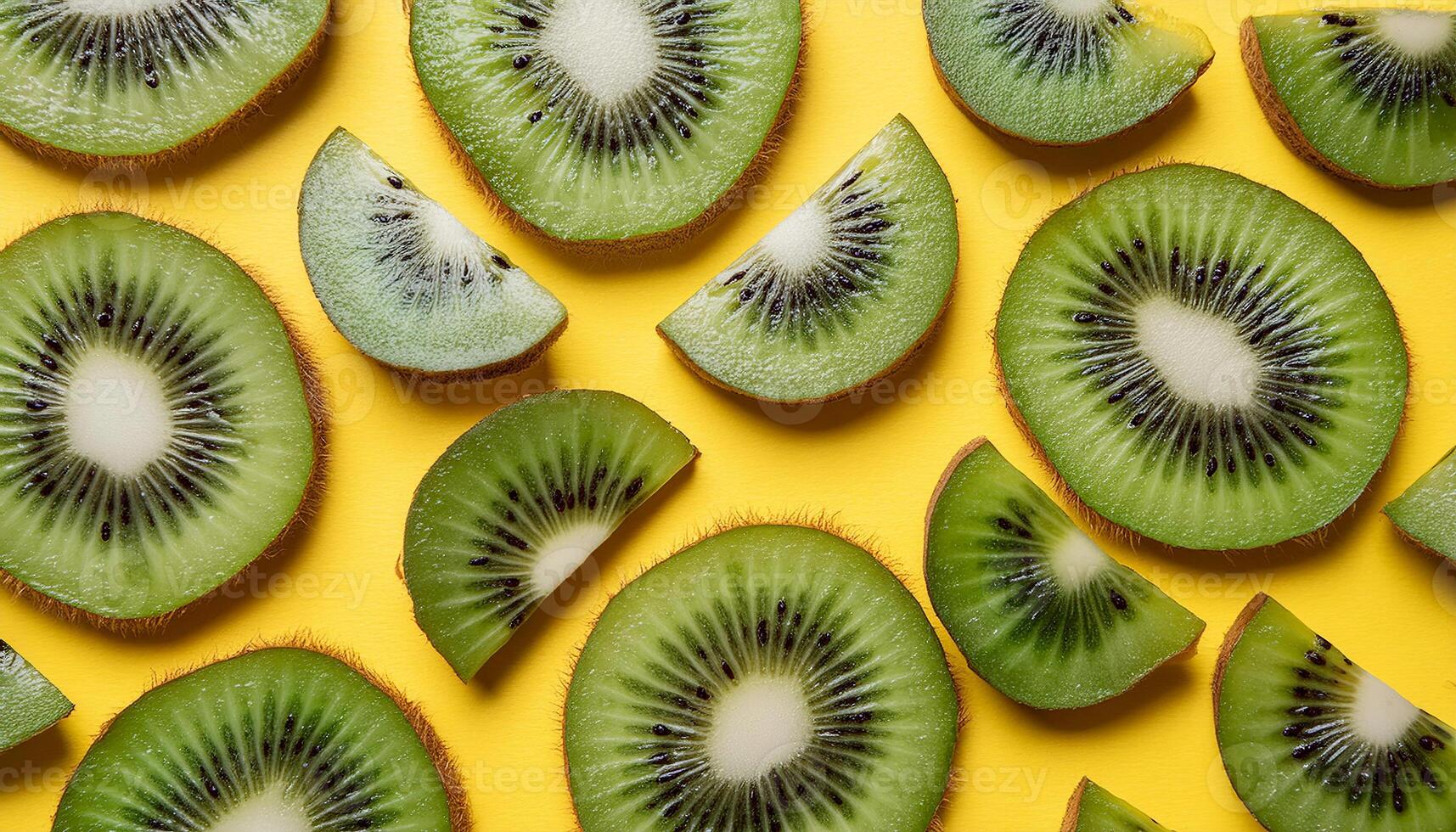 Kiwi pattern on pastel background, top view. Flat lay with fresh green kiwi slices. Minimal summer concept photo