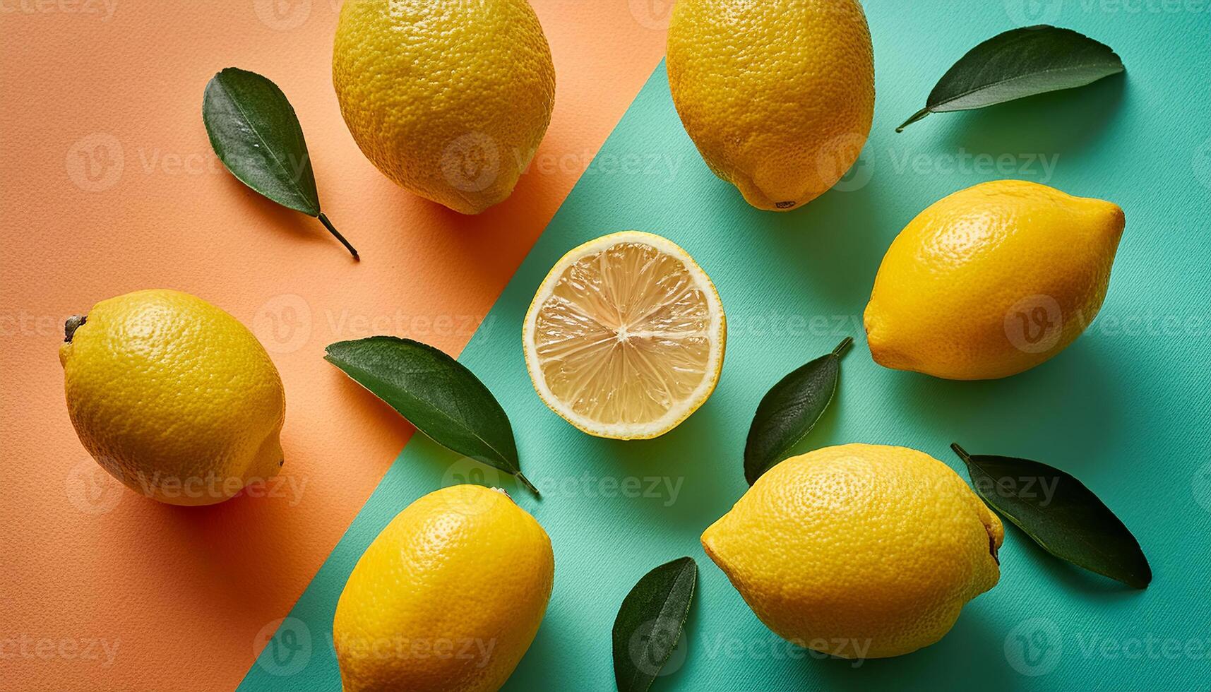Lemon pattern on pastel background, top view. Flat lay with fresh yellow lemon slices. Minimal summer concept photo