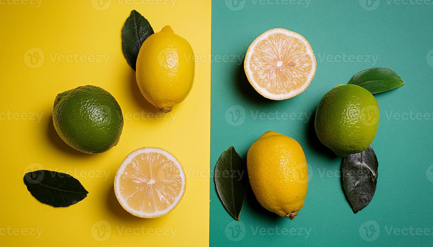 Lemon pattern on pastel background, top view. Flat lay with fresh yellow lemon slices. Minimal summer concept photo