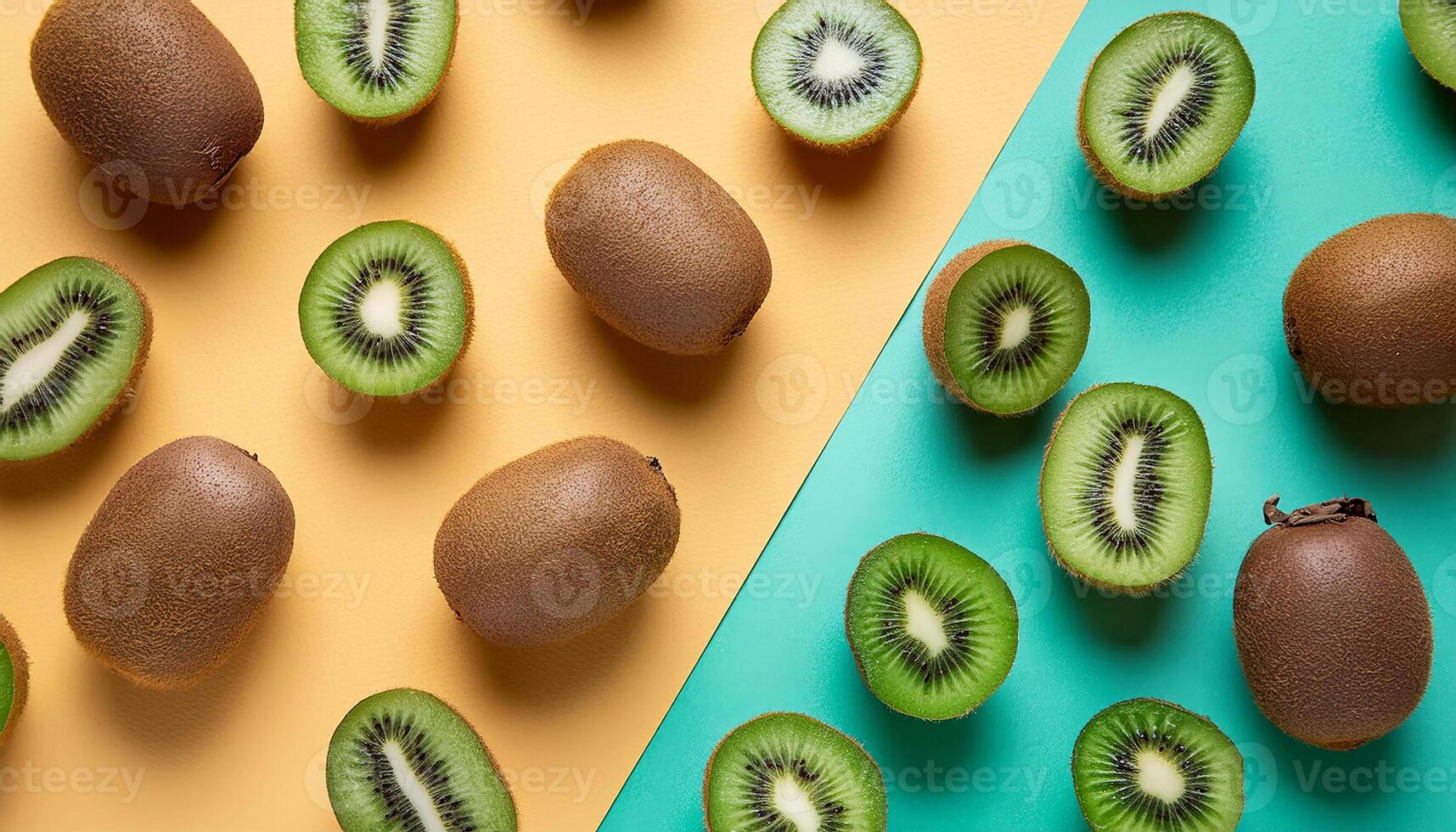 Kiwi pattern on pastel background, top view. Flat lay with fresh green kiwi slices. Minimal summer concept photo