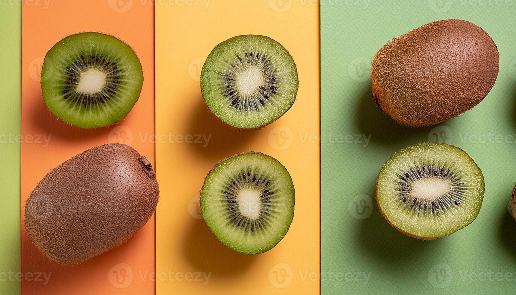 Kiwi pattern on pastel background, top view. Flat lay with fresh green kiwi slices. Minimal summer concept photo