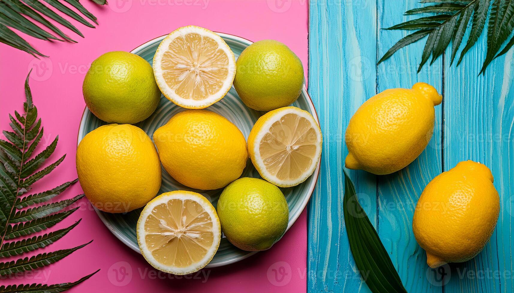 Lemon pattern on pastel background, top view. Flat lay with fresh yellow lemon slices. Minimal summer concept photo