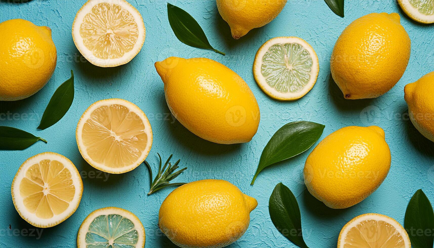 Lemon pattern on pastel background, top view. Flat lay with fresh yellow lemon slices. Minimal summer concept photo
