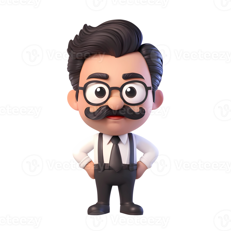 3d rendering man cartoon character with mustache and glassess png