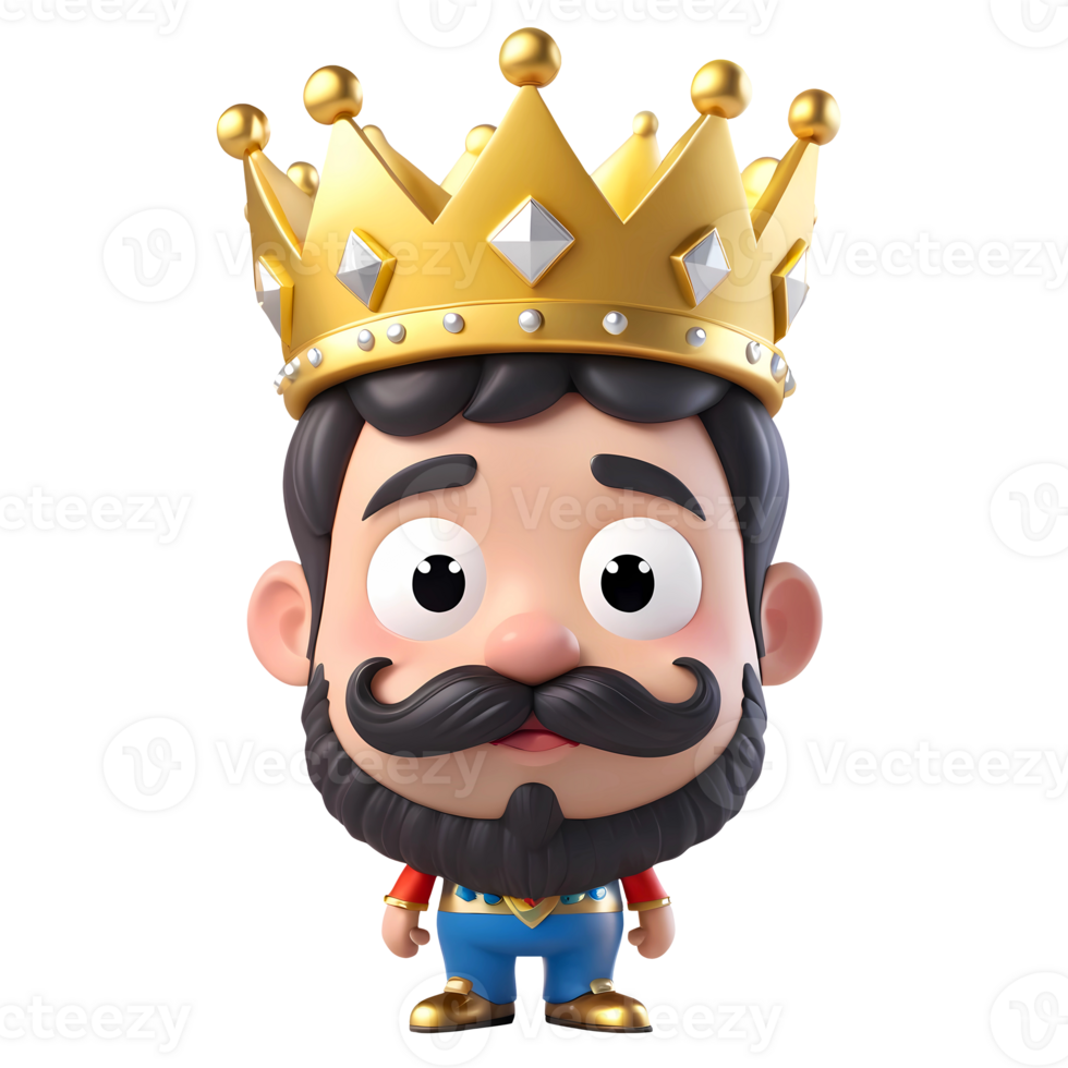 3d Renderização homem desenho animado personagem com bigode e dourado coroa em dele cabeça png