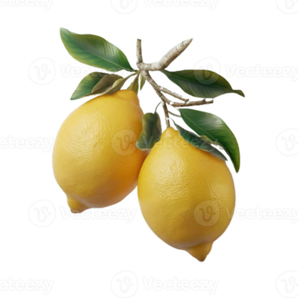 A stunning illustration of a green lemon tree with two ripe lemons hanging from its slender branch. png