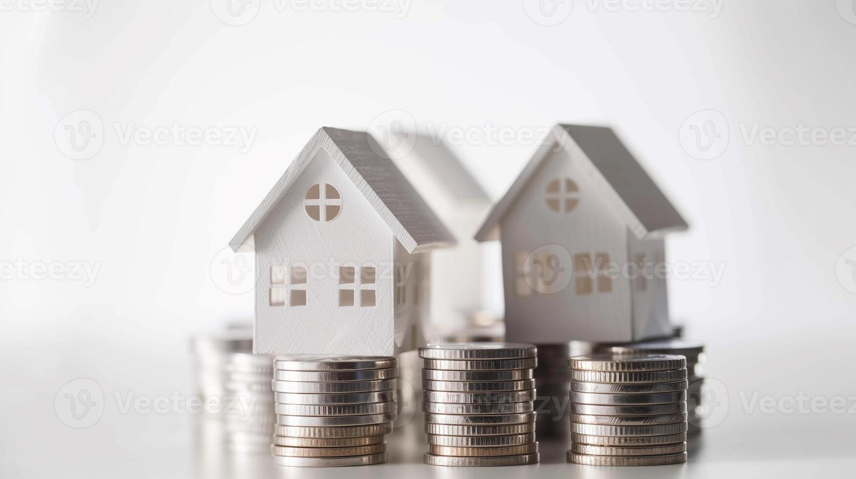 Two small houses are on top of a pile of coins. Solid white background with copy space, finance, mortgage, investment, real estate concept photo