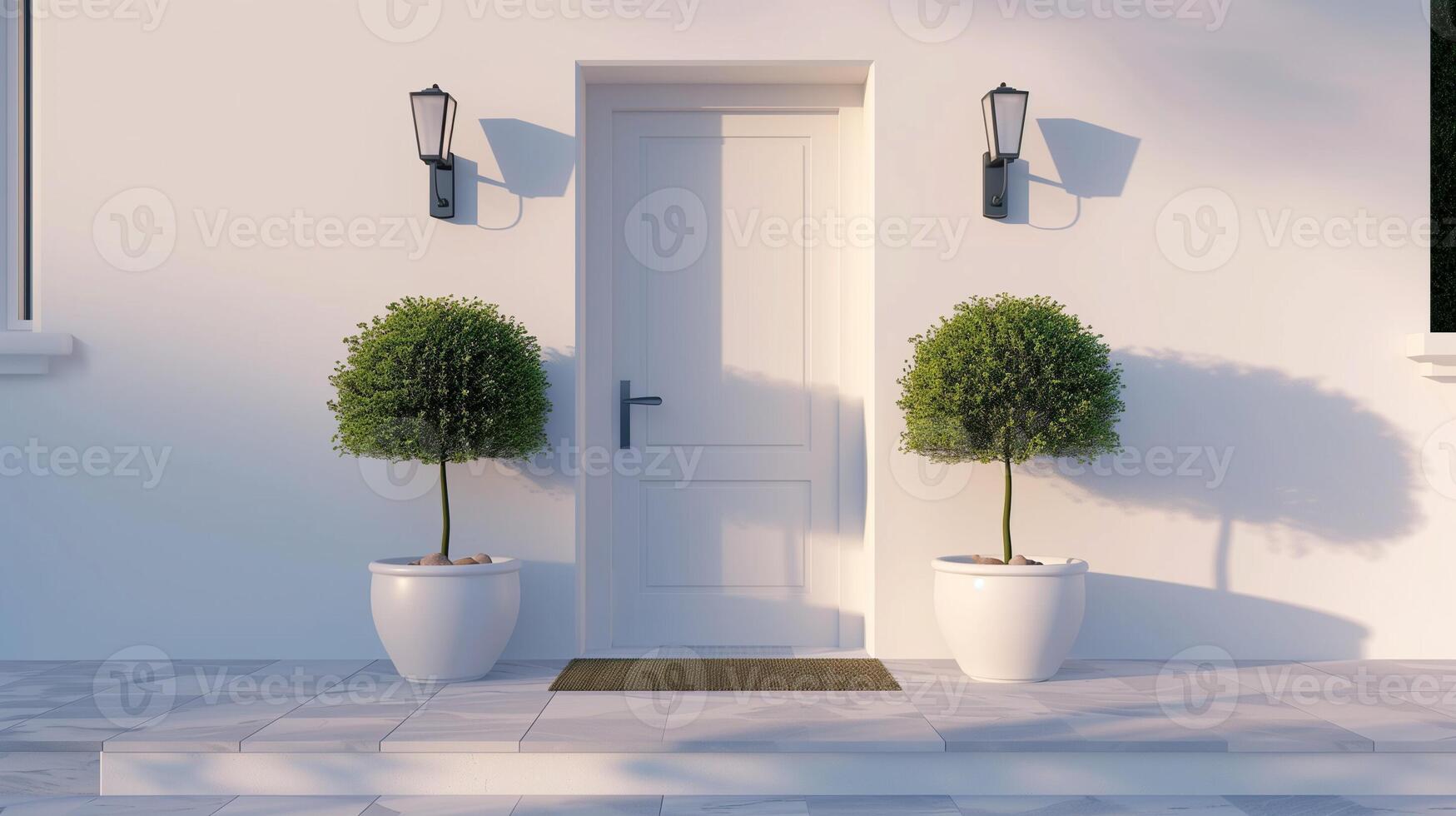 A modern white house with a large stylish front door, white walls, door mat, trees in pots and lamps. Real estate concept. photo