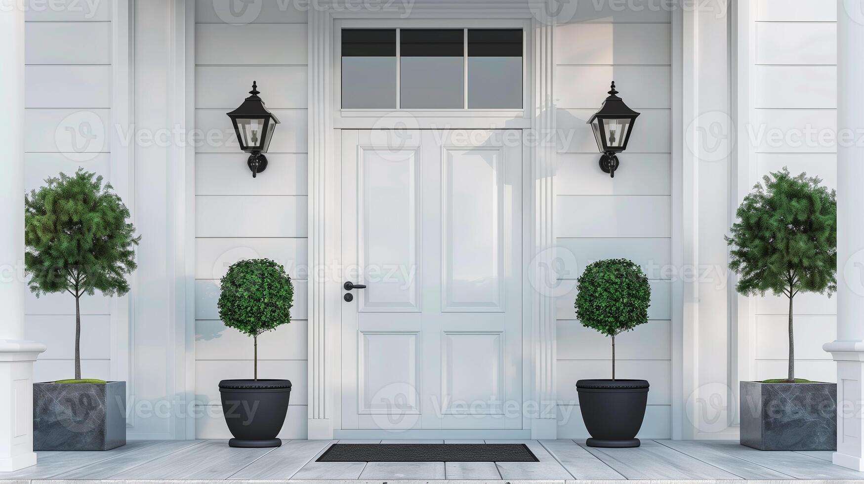 A modern white house with a large stylish front door, white walls, door mat, trees in pots and lamps. Real estate concept. photo