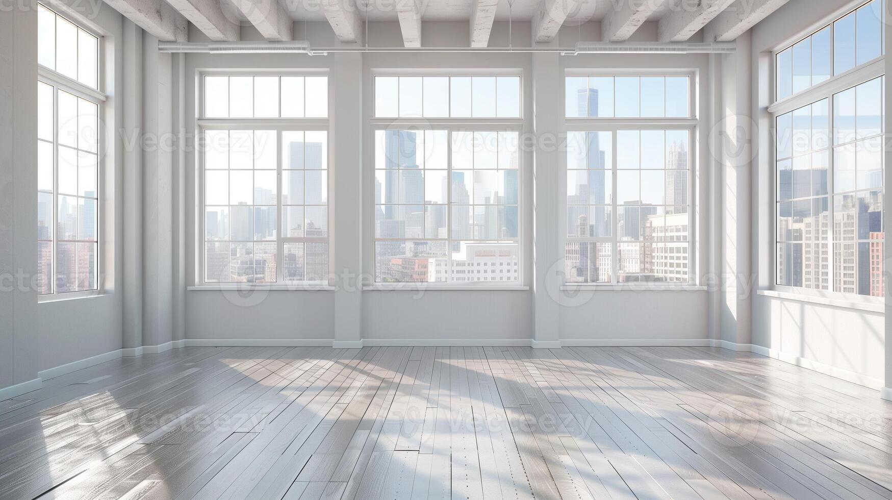 A large, empty room with a view of the city. Real estate concept photo