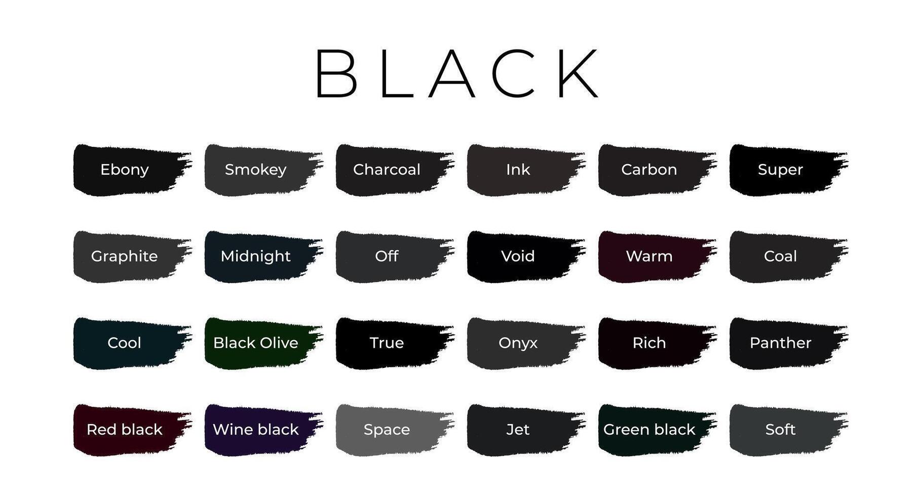 Black Paint Color Swatches with Shade Names on Brush Strokes vector