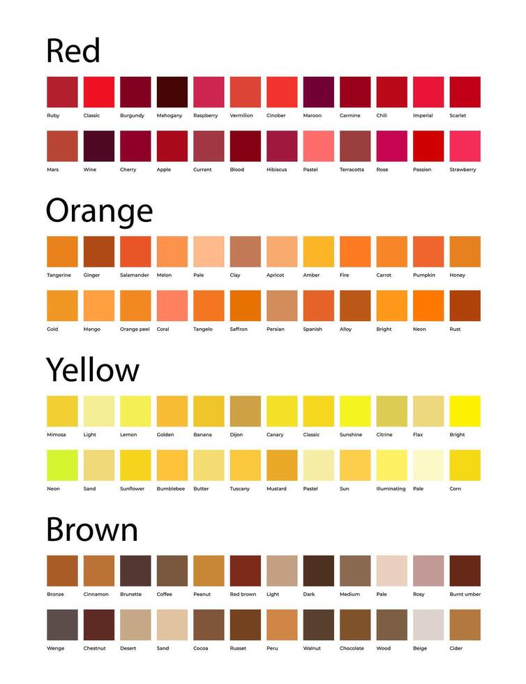 Red, Orange, Yellow and Brown Colors Shades Swatches Palette with Color Names vector