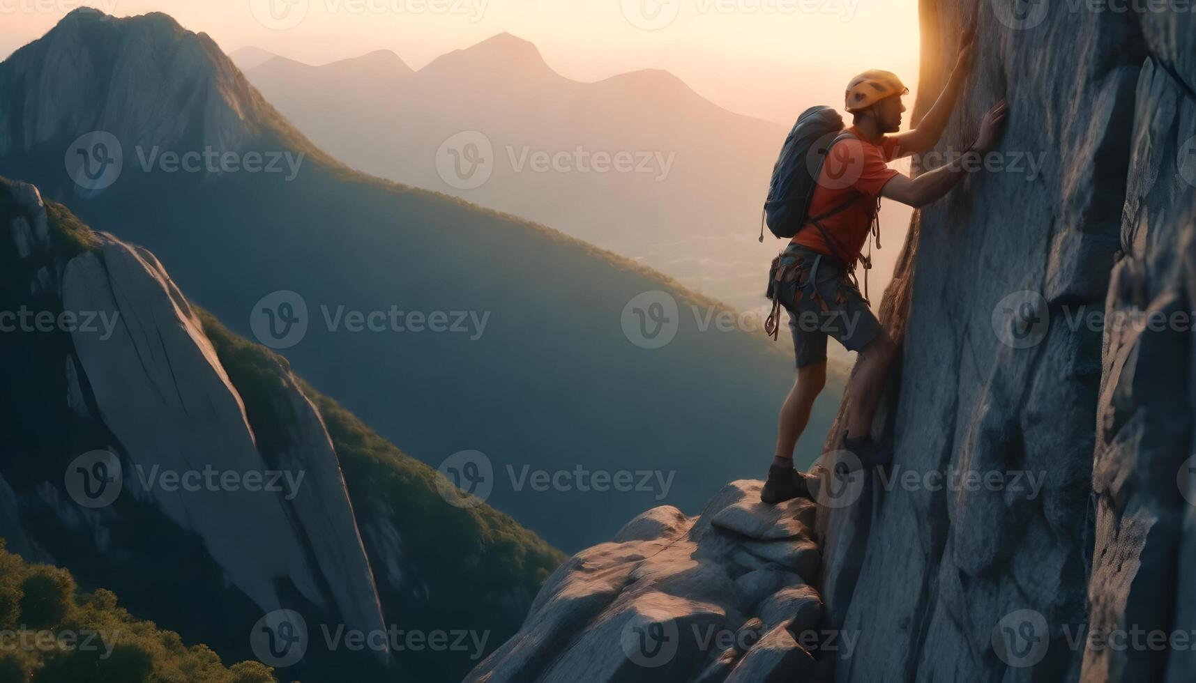 A rock climber standing on a rocky cliff overlooking a vast mountain landscape photo