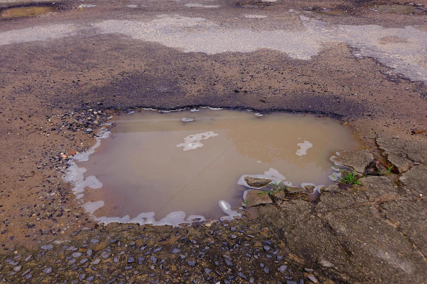 The dirt road has holes and puddles of rainwater full of mud with natural texture photo