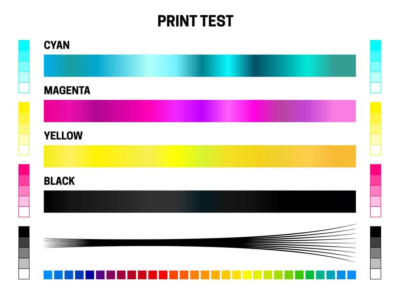 impresión prueba cmyk calibración ilustración con color prueba para cian, magenta, amarillo, negro y muchos colores vector