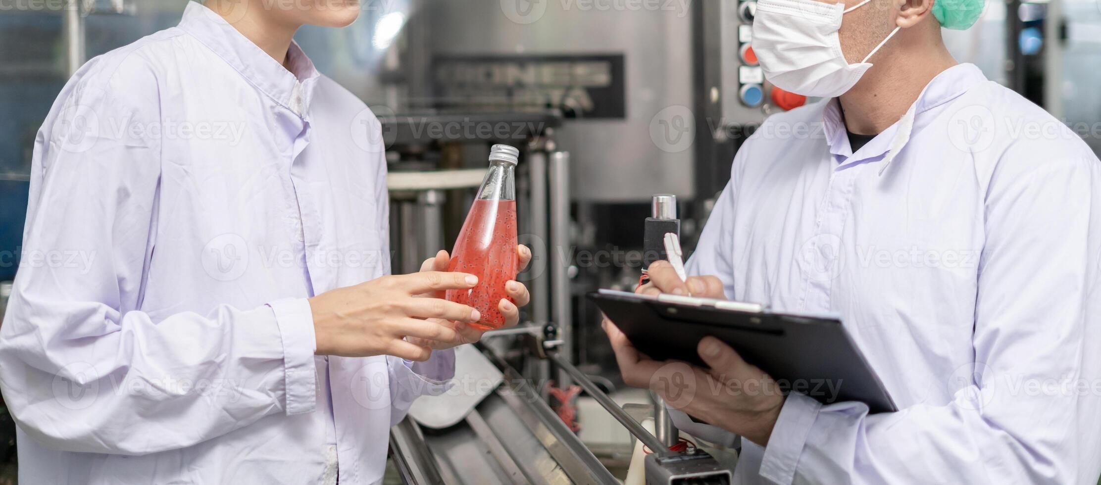 quality inspector food or beverages technician inspection about quality control food or beverages before send product to the customer. Production leader recheck ingredient and productivity. photo