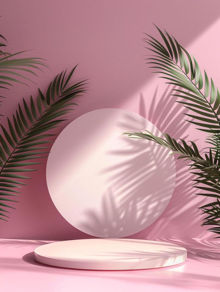 product podium for advertising with pink background and palm tree tropical summer theme photo