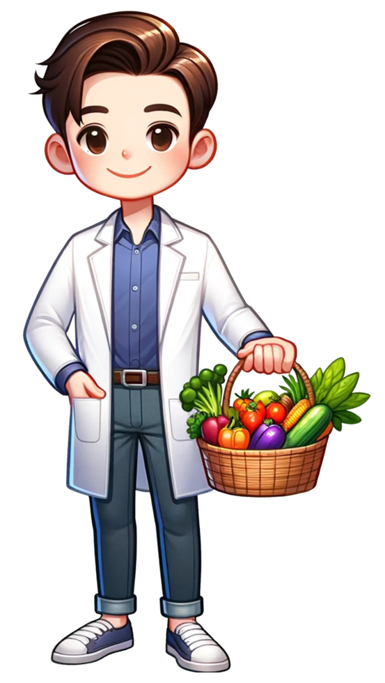 A cute Nutritionist holding a basket of fresh produce smiling and standing confidently isolated png