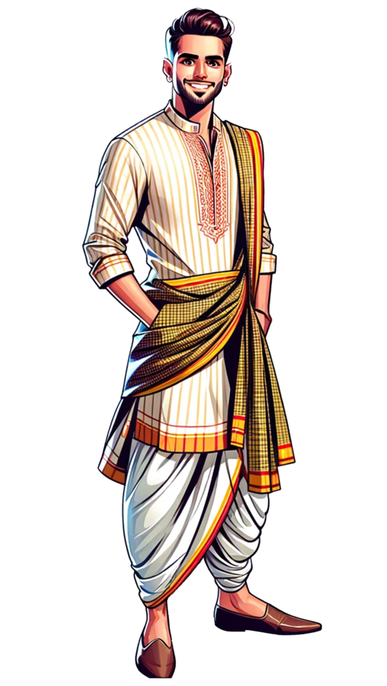A traditional Bihar man wearing a dhoti kurta smiling and standing confidently isolated png