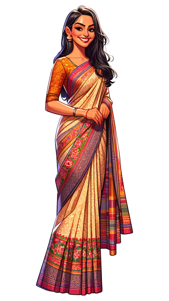 A traditional Goa woman wearing a Lughda saree with a blouse isolated png