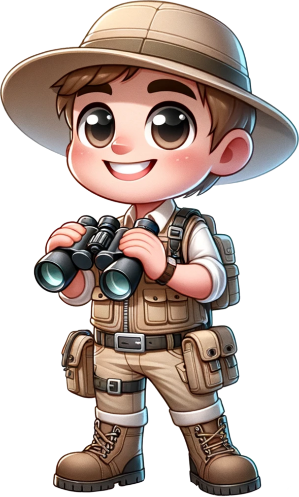 A cute Zoologist in field attire holding binoculars smiling and standing confidently isolated png