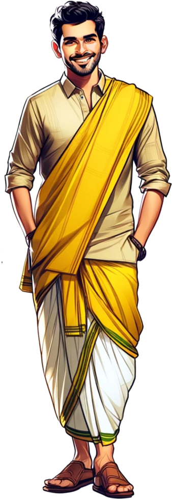 A traditional Andhra Pradesh man wearing a dhoti and kurta smiling and standing confidently isolated png