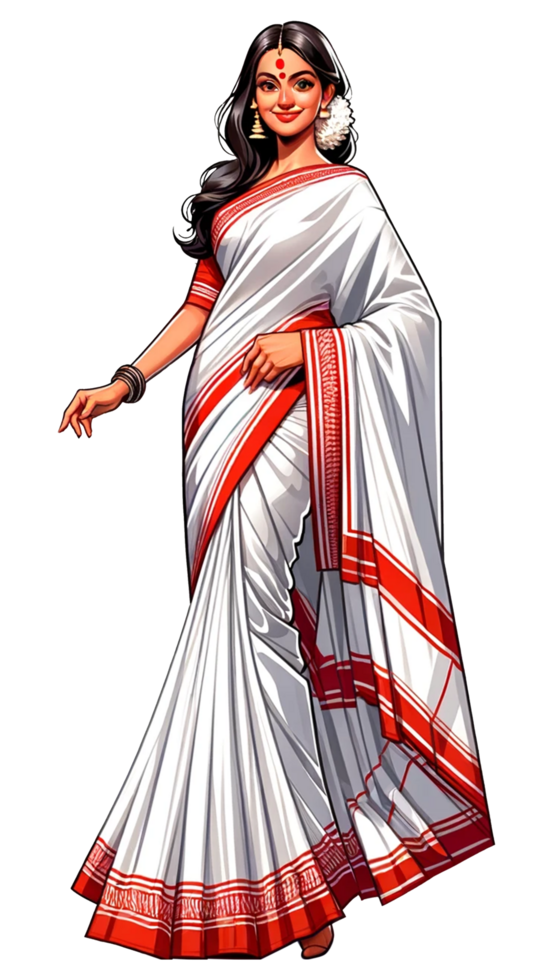 A traditional West Bengal woman wearing a white saree with a red border smiling and standing confidently isolated png