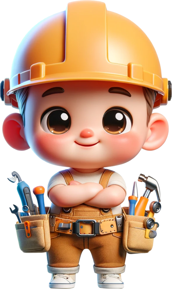 A cute male baby electrician wearing a safety helmet and tool belt smiling and standing confidently png