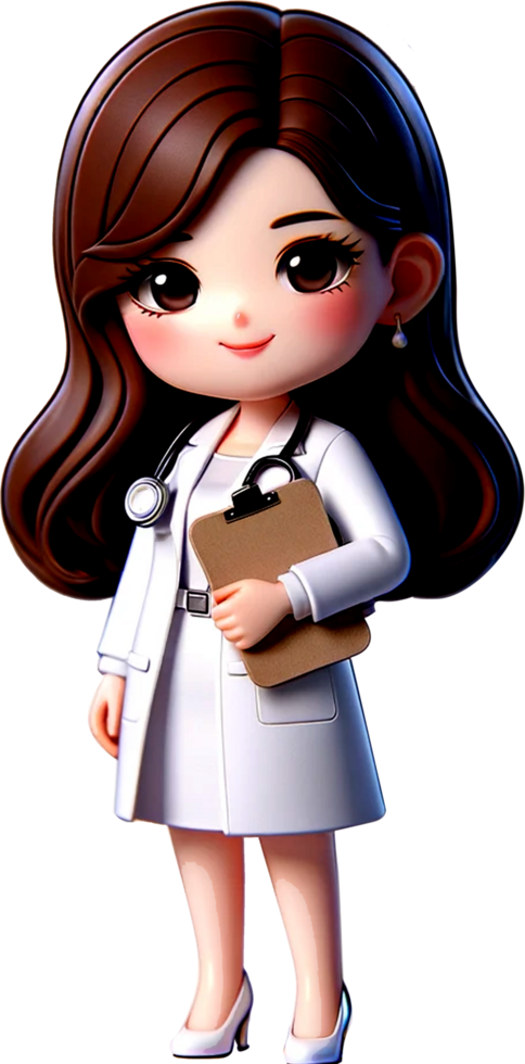 A female doctor in a white lab coat with a stethoscope around her neck standing with a smile isolated png